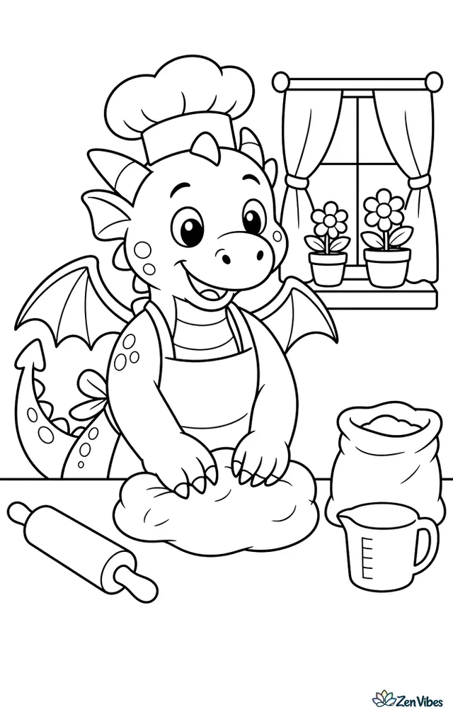 A baker dragon kneads dough on a kitchen table, wearing an apron beside a rolling pin, flour sack, measuring cup, and a window with curtains and flowerpots.