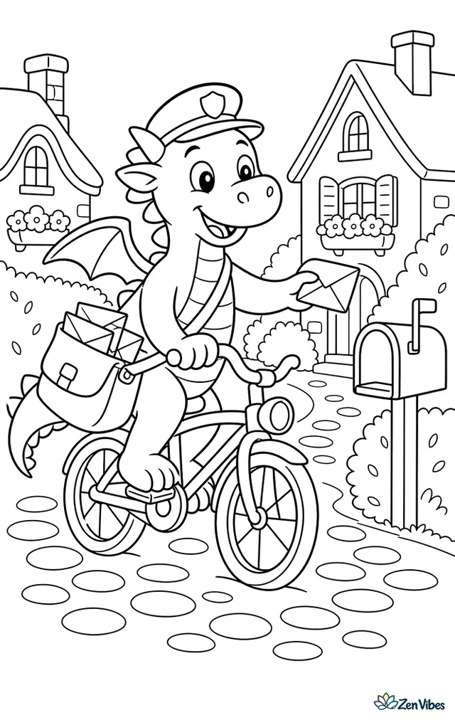 A mail carrier dragon pedals a bicycle along a village lane, delivering envelopes past a mailbox, cobblestones, trimmed hedges, and cottages with chimneys and window boxes.