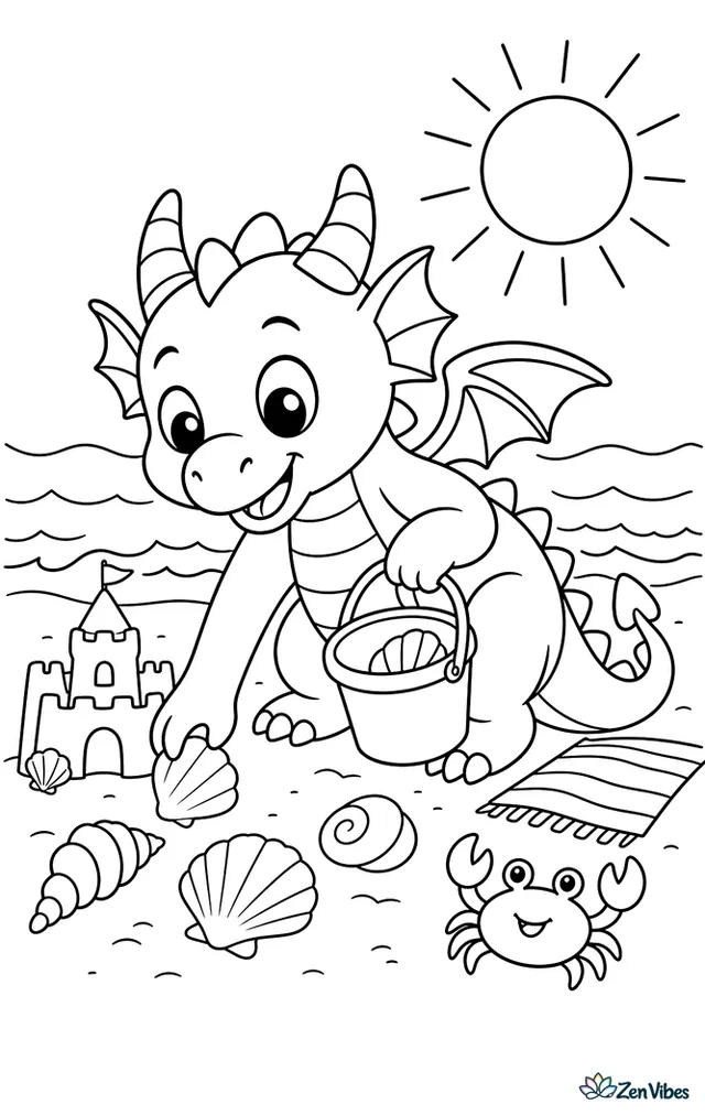 A beachcomber dragon searches the shoreline with a bucket, finding seashells beside a sandcastle, striped towel, tiny crab, and rolling waves under a bright sun.