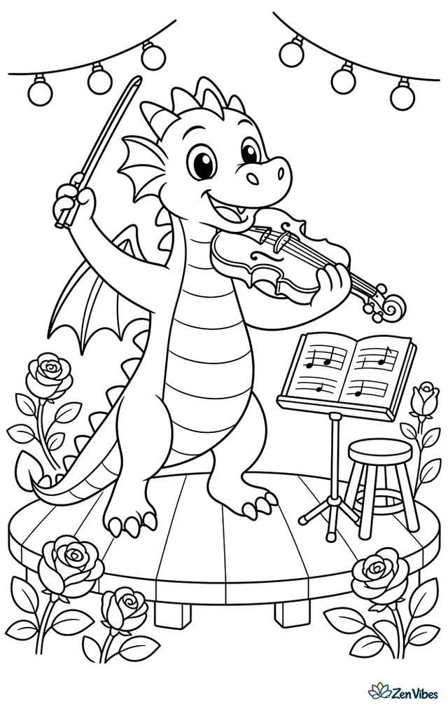 A violin dragon performs on a small garden stage, bow raised gracefully among roses, sheet music on a stand, string lights overhead, and a wooden stool nearby.