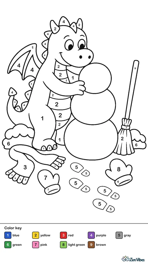 A snowman dragon pats the middle snowball into place, surrounded by mittens, a scarf, a broom, snowy bushes, and boot prints crossing the yard.