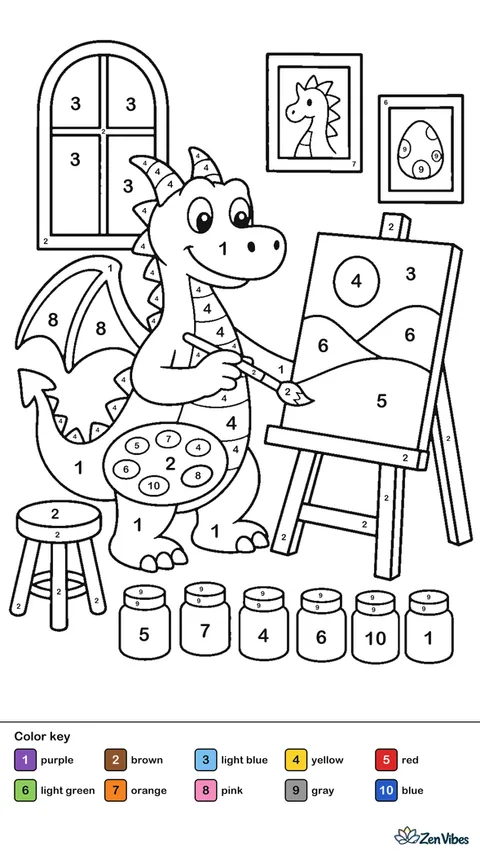 A painter dragon stands at an easel in a sunny studio, brushing color onto a canvas beside paint jars, a stool, a tall window, and framed sketches on the wall.