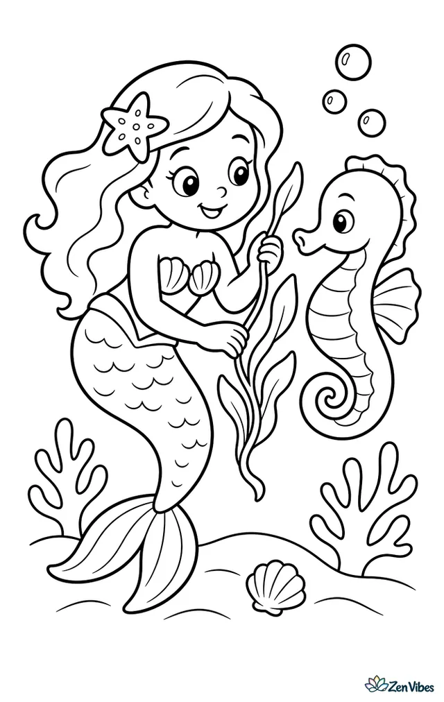 A mermaid floats beside a curled seahorse, gently holding a strand of kelp. Simple coral branches, three bubbles, sandy ripples, and a tiny shell create a calm underwater scene.