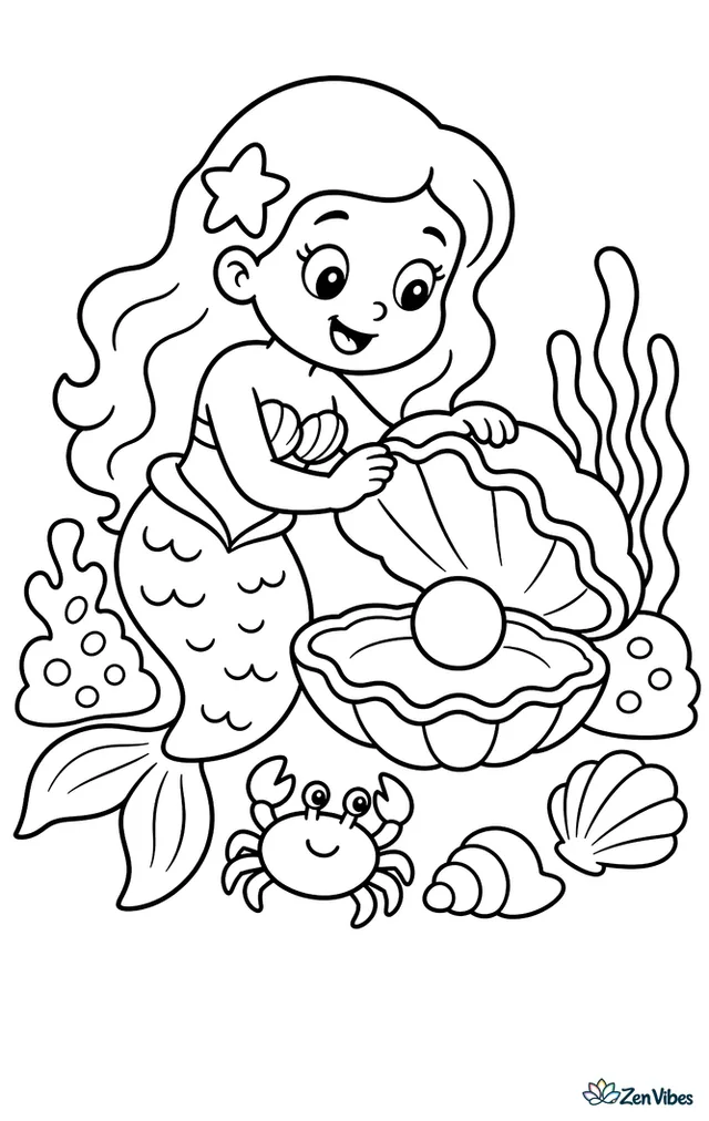 A mermaid opens a giant clam shell to admire a pearl. Around her are rounded coral mounds, wavy sea grass, a small crab, and scattered shells on the ocean floor.