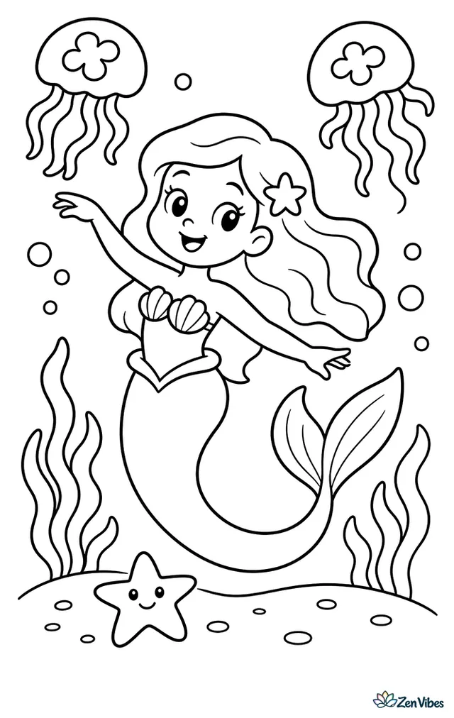 A mermaid twirls beneath two moon jellies, her tail curving in a graceful arc. Light bubbles, ribbonlike kelp, a sandy bottom, and one starfish keep the underwater scene open and simple.