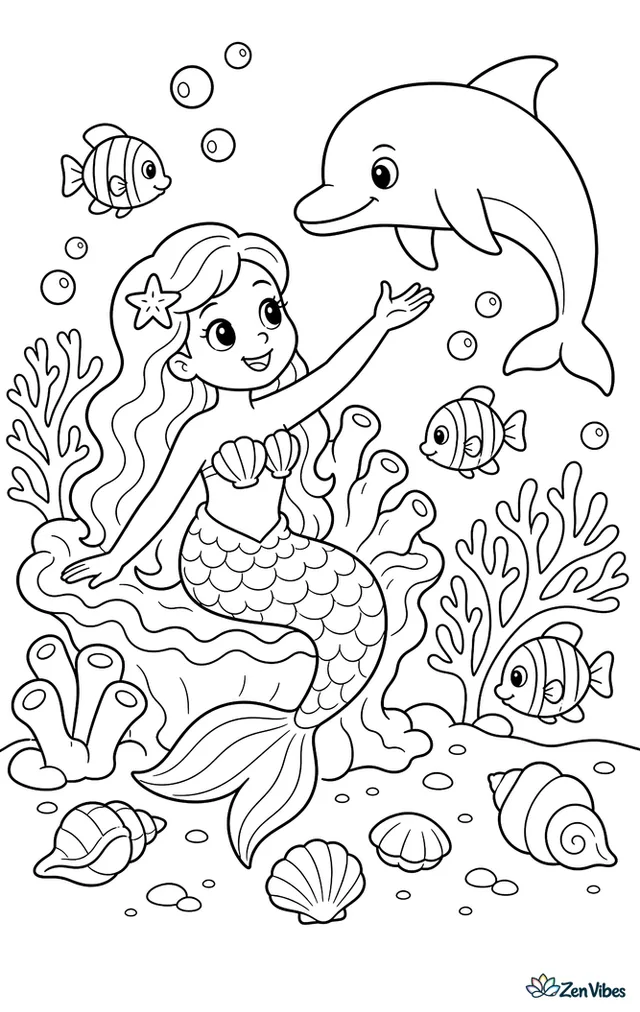 A mermaid reaches toward a bottlenose dolphin swimming past her coral seat. Sea fans, striped fish, bubble clusters, and shell-strewn sand fill the friendly reef scene.