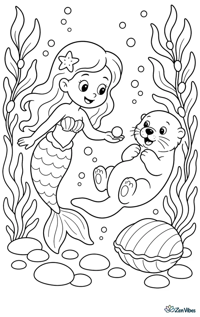 A mermaid offers a small pearl to a sea otter floating near a kelp forest. Rounded stones, drifting bubbles, a closed clam, and waving fronds frame their playful meeting.