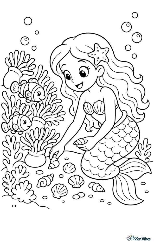A mermaid kneels beside a garden of sea anemones, arranging tiny shells in the sand. Clownfish weave among the anemones while coral tufts and bubbles brighten the reef.