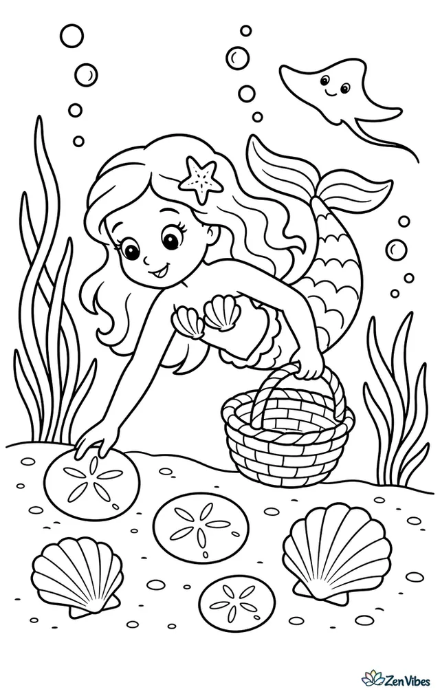A mermaid glides above the seafloor, looking for sand dollars with a woven basket. Eelgrass, scallop shells, a small ray in the distance, and dotted bubbles complete the scene.