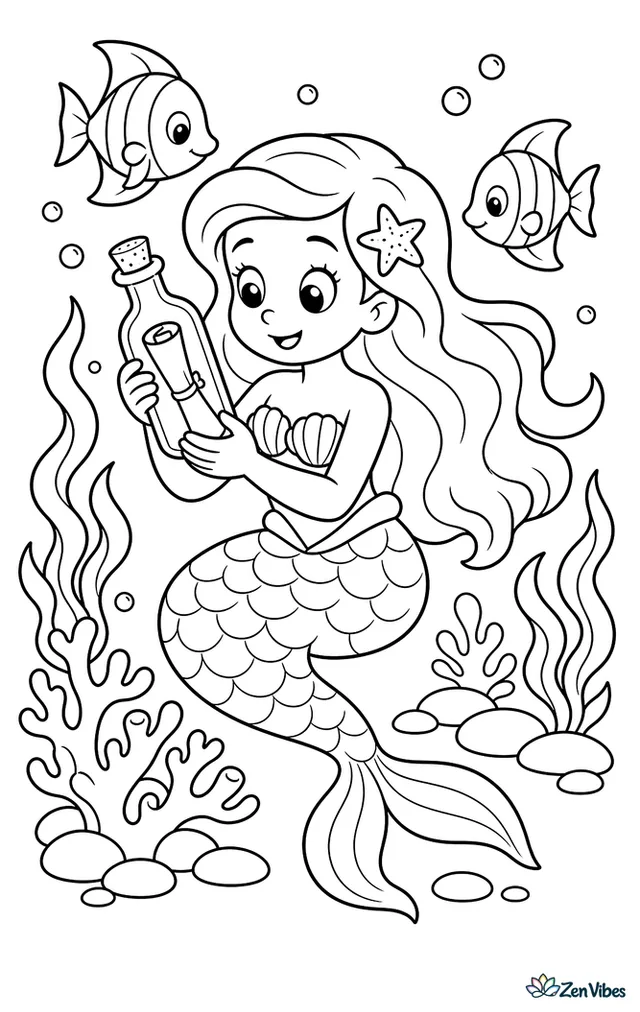 A mermaid holds an old glass bottle with a rolled note inside, studying it curiously. Around her are branching coral, drifting kelp ribbons, smooth stones, and two passing angelfish.