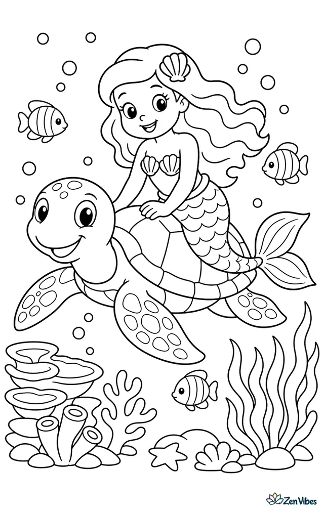 A mermaid rides gently on the back of a green sea turtle through a bright reef. Plate coral, waving sea grass, small tropical fish, and bubbly currents surround them.