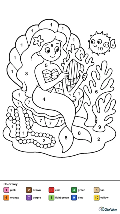A mermaid sits in a shell chair, playing a small harp made of coral. Nearby are upright sea fans, pearl strings, a curious pufferfish, and patterned sand.