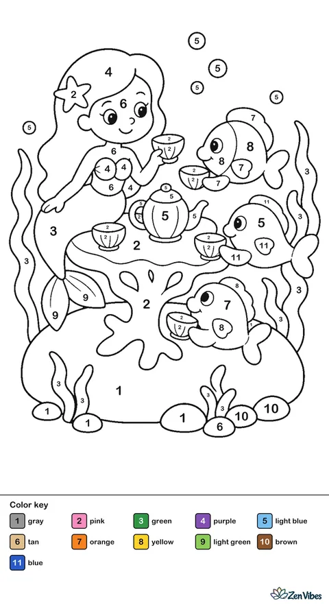 A mermaid hosts a tiny tea party on a flat rock using shell cups and a coral table. Three fish guests, curled seaweed, pebbles, and bubbles create a cheerful underwater nook.