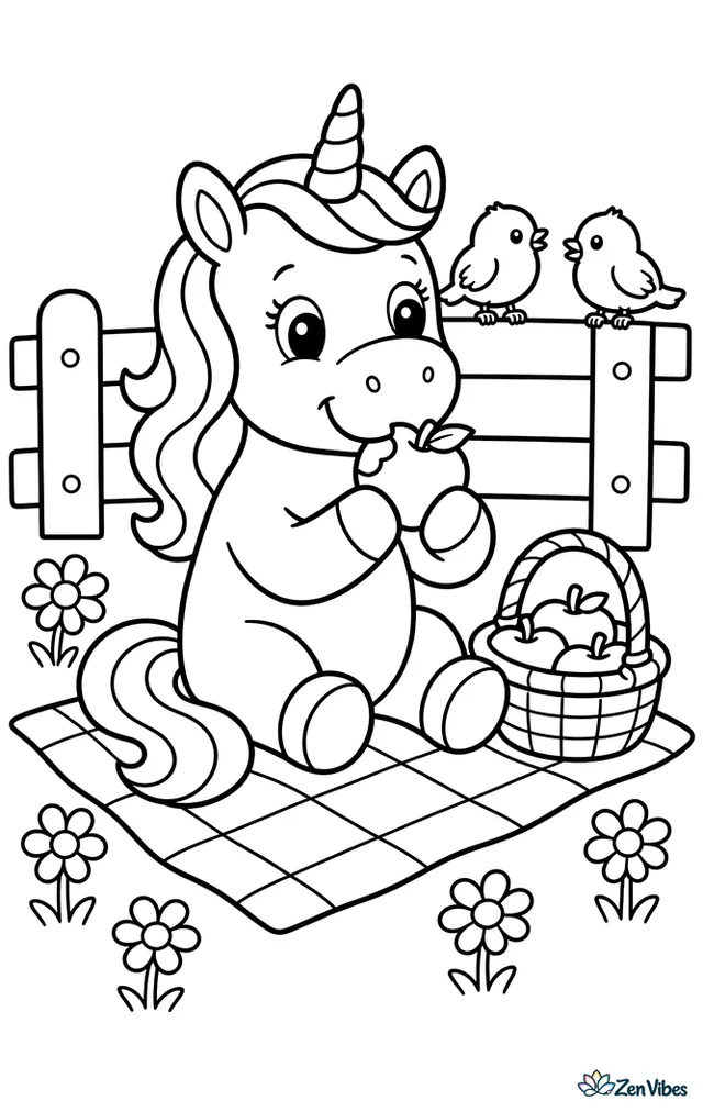 A unicorn sits on a picnic blanket in a spring meadow, nibbling an apple beside a basket, daisies dot the grass, and two birds perch on a simple fence nearby.