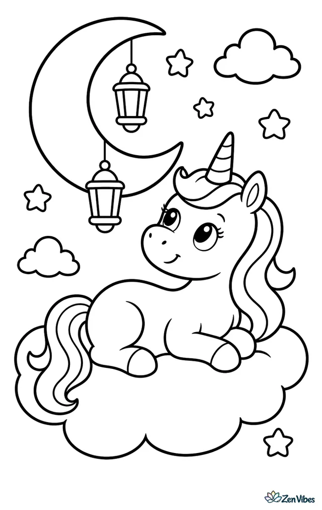 A unicorn reclines on a fluffy cloud beneath a crescent moon, watching stars twinkle around hanging lanterns, while a few smaller clouds drift gently across the open night sky.