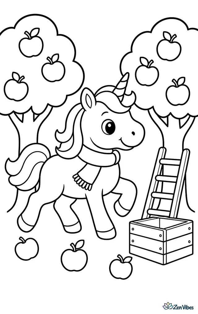 A unicorn trots between apple trees in a neat orchard, carrying a small scarf, while fallen apples lie on the ground and a wooden crate waits near a short ladder.