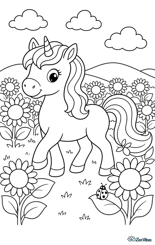 A unicorn walks through a sunflower field, brushing petals with its tail while a ladybug rests on one leaf, distant hills rise behind the rows, and puffy clouds float overhead.