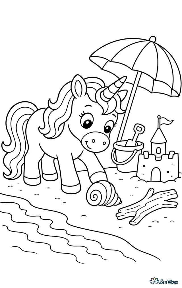 A unicorn explores a sandy beach, nudging a spiral seashell near gentle waves, with a striped umbrella, a sand bucket, and a tiny sandcastle arranged beside driftwood.
