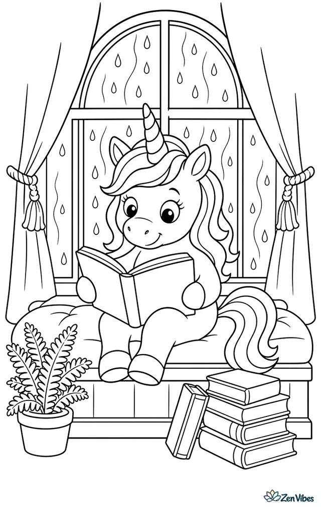 A unicorn reads an open book on a cushioned bench by a tall library window, surrounded by stacked books, a potted fern, tasseled curtains, and raindrops tracing the glass.
