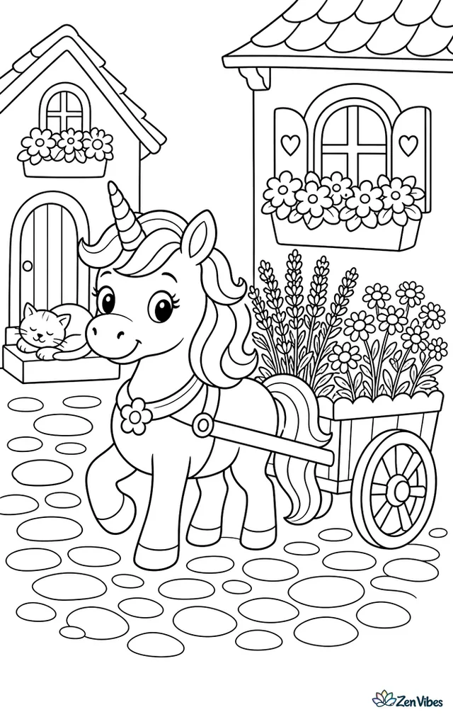 A unicorn pulls a small flower cart along a village lane, carrying bunches of lavender and chamomile, while window boxes bloom above cobblestones and a cat naps on a doorstep.