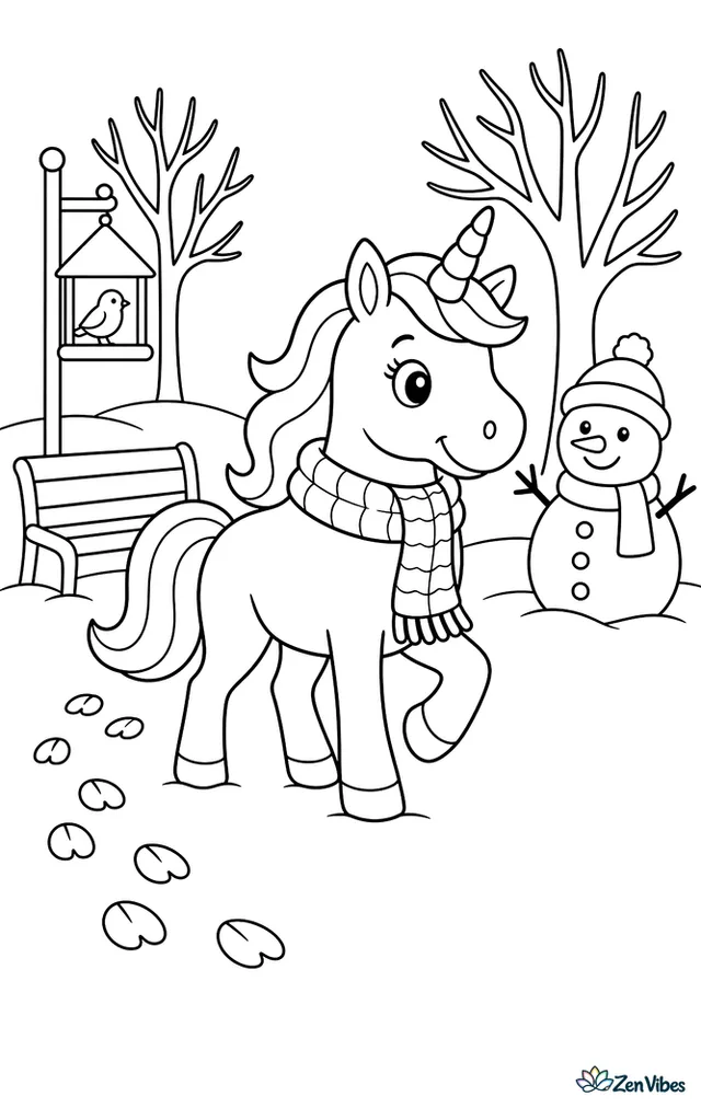 A unicorn strolls through a snowy park wearing a knitted scarf, leaving hoofprints past bare trees, a bench, a bird feeder, and a friendly snowman with button details.