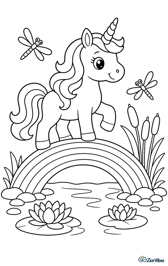 A unicorn crosses a rainbow-colored bridge over a quiet stream, pausing beside reeds and water lilies while dragonflies hover nearby and smooth river stones line the banks.