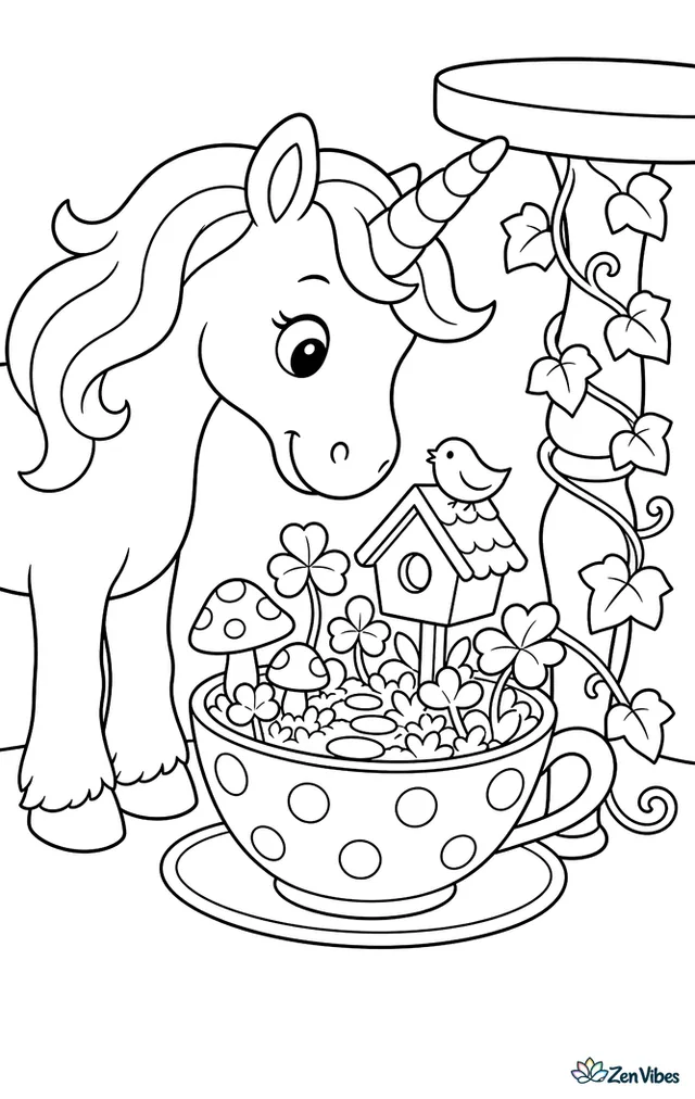 A unicorn peers into a whimsical teacup garden where tiny mushrooms, clover, and a miniature birdhouse surround a saucer path, with ivy curling around a nearby wooden table leg.