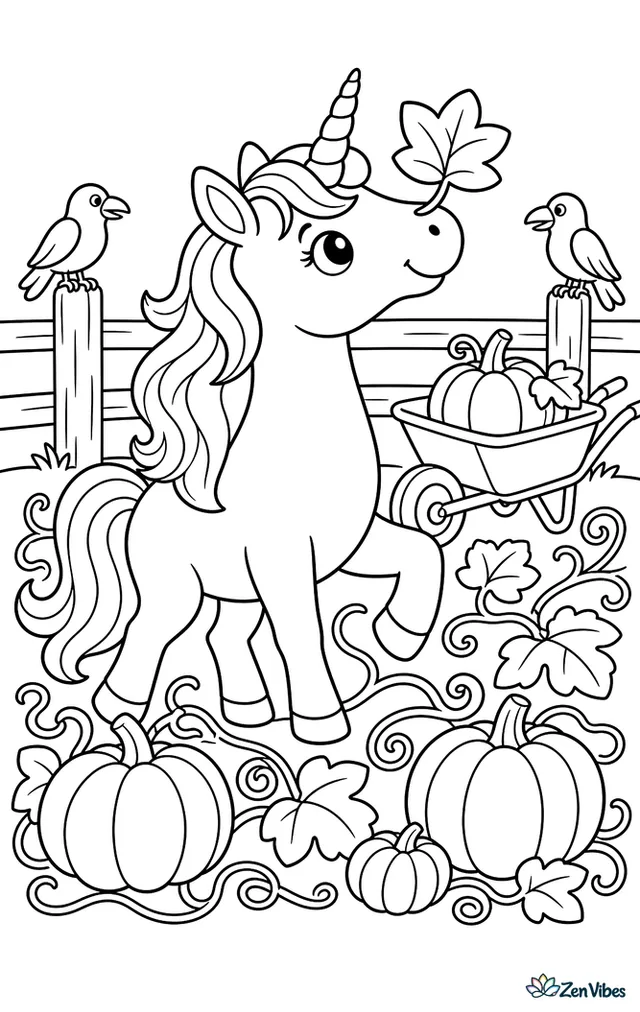 A unicorn wanders through a pumpkin patch, balancing a leaf on its nose while vines spread across the soil, a wheelbarrow waits nearby, and crows perch harmlessly on fence posts.