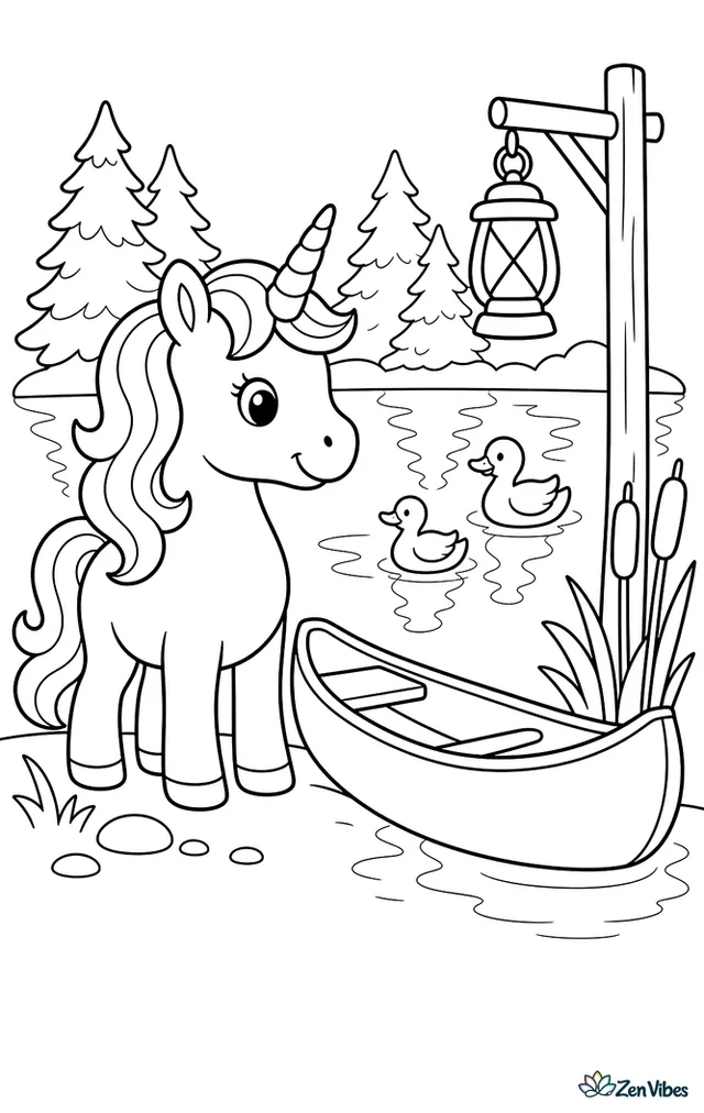 A unicorn stands beside a small canoe at a calm lake, watching ducks paddle among cattails while pine trees reflect in the water and a lantern hangs from a wooden post.