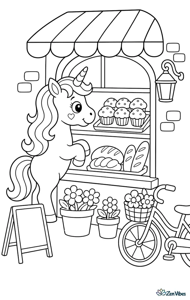 A unicorn gazes into a cozy bakery window at trays of muffins and bread, with flowerpots under the sill, a chalkboard menu outside, and a bicycle leaning nearby.