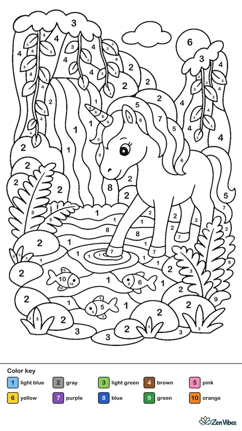 A unicorn dips one hoof into a clear pool beneath a waterfall, surrounded by ferns, smooth boulders, hanging vines, and tiny fish visible through the rippling water.