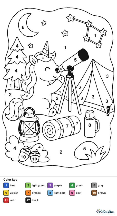 A unicorn sits outside a camping tent on a hilltop, looking through a telescope at constellations while a lantern, rolled blanket, pine trees, and a thermos complete the quiet night scene.