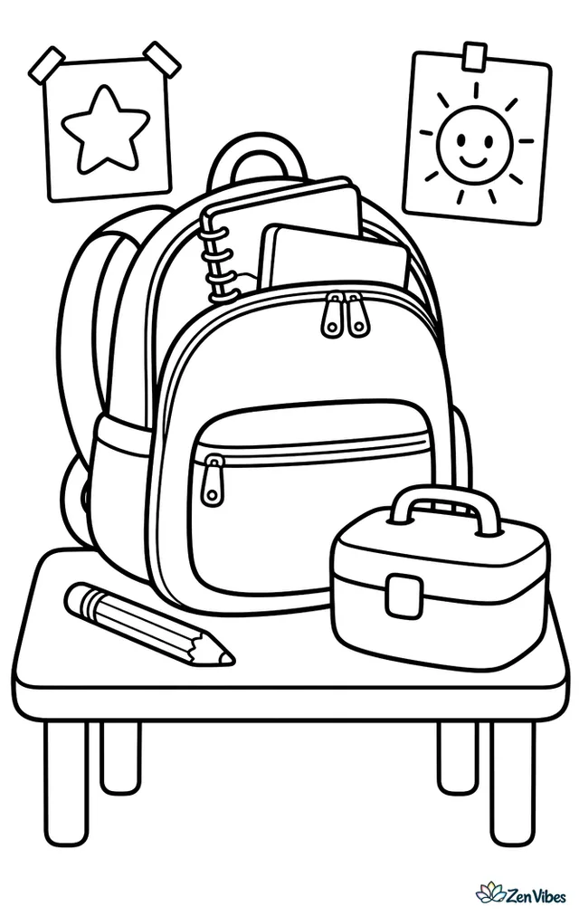 A zippered student backpack rests on a classroom table, with notebooks peeking out, a pencil beside it, a lunch box nearby, and simple wall posters in the background.