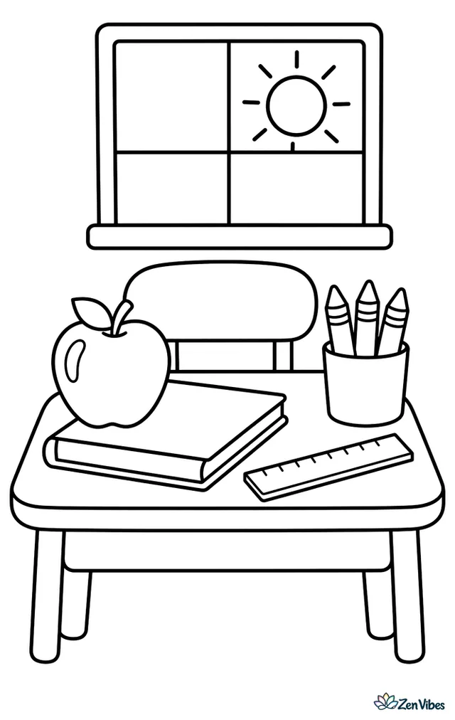 A shiny red apple sits on a neat student desk, with a closed workbook, a cup of crayons, a straight ruler, and a sunny classroom window behind.