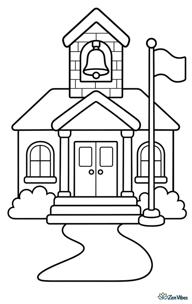 A school bell hangs in a small brick tower above the entrance, with a flagpole, front steps, bushes, and a curved walkway leading to the doors.