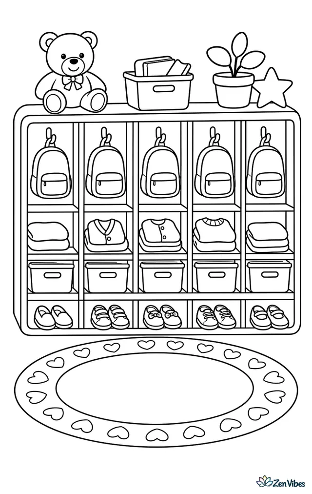 Kindergarten cubbies line the wall, holding tiny shoes, folded sweaters, labeled bins, and a teddy bear, with a round rug and alphabet border nearby.