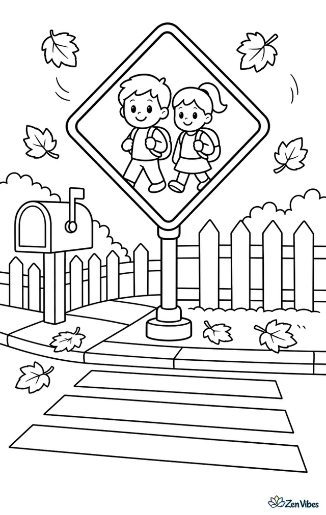 A bright school crossing sign stands by a crosswalk, with painted stripes, a sidewalk corner, a mailbox, a picket fence, and falling autumn leaves around it.