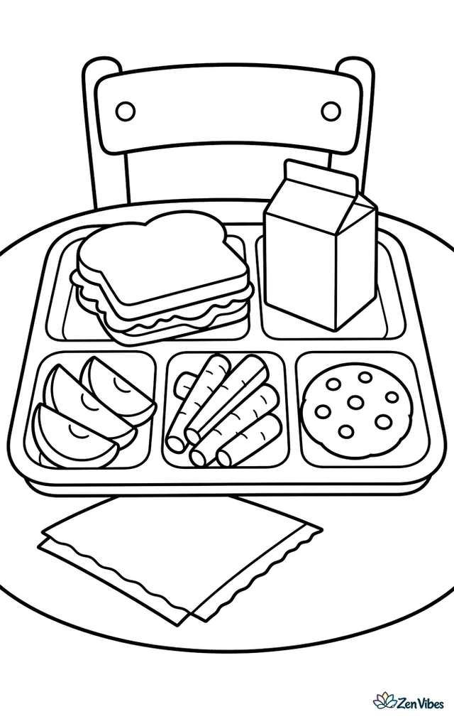 A cafeteria lunch tray holds a sandwich, apple slices, milk carton, carrot sticks, and a cookie, set on a table with a napkin and nearby chair.