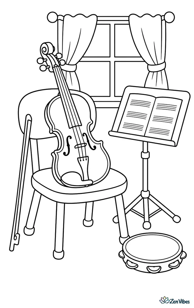 A student violin rests on a music room chair, with a bow, sheet music on a stand, a tambourine on the floor, and curtains by the window.