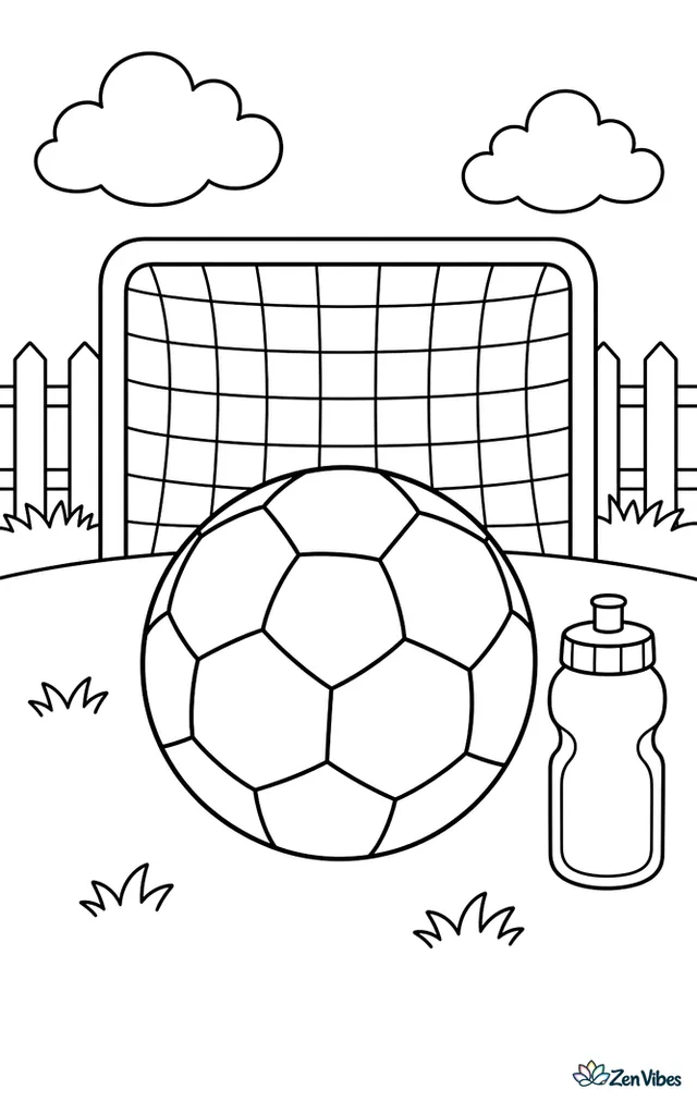 A black and white soccer ball sits on the recess field, with a goal net, playground fence, water bottle, and two puffy clouds overhead.