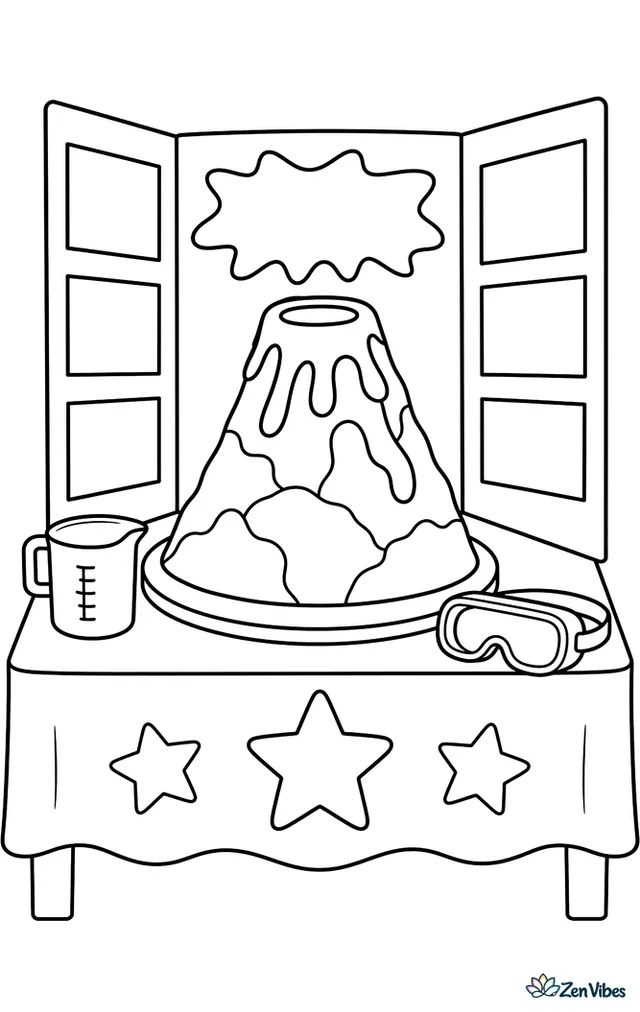 A papier-mache volcano sits on a science fair table, with a folded display board, labels, measuring cup, safety goggles, and star stickers on the front.