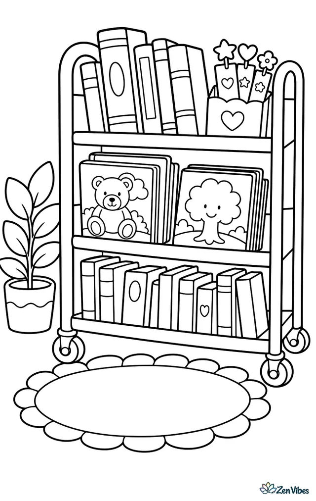A rolling library book cart waits between shelves, stacked with chapter books, picture books, and bookmarks, with a reading rug and potted plant nearby.