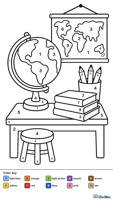 A classroom globe spins on its stand beside a stack of atlases, with a map on the wall, a pencil cup, and a stool near the desk.