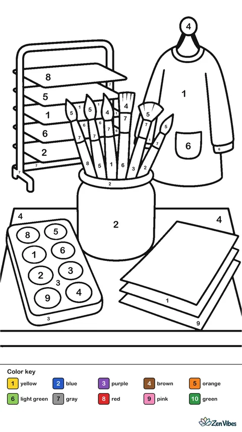 A jar of paint brushes stands on an art room table, with watercolor trays, paper sheets, a smock hanging nearby, and a drying rack behind.