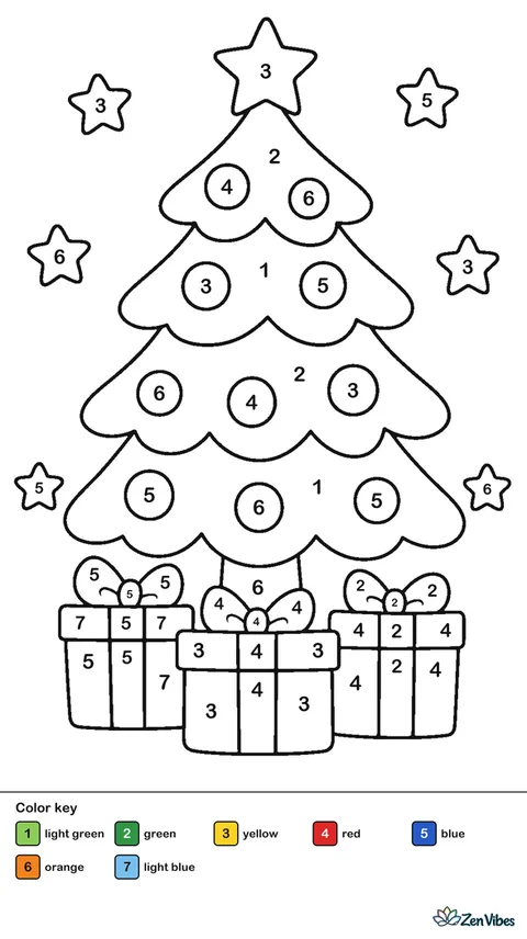 A tree with a star on top, round ornaments, and a few wrapped gifts underneath