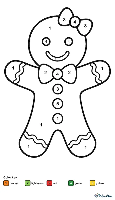 A gingerbread person with icing buttons and a bow, standing on plain white