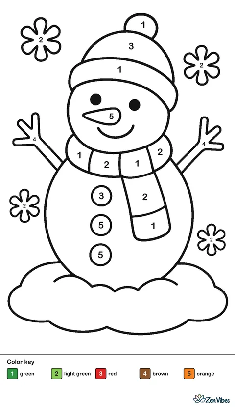 A snowman with a scarf, a hat, and stick arms, snow on the ground and a few snowflakes