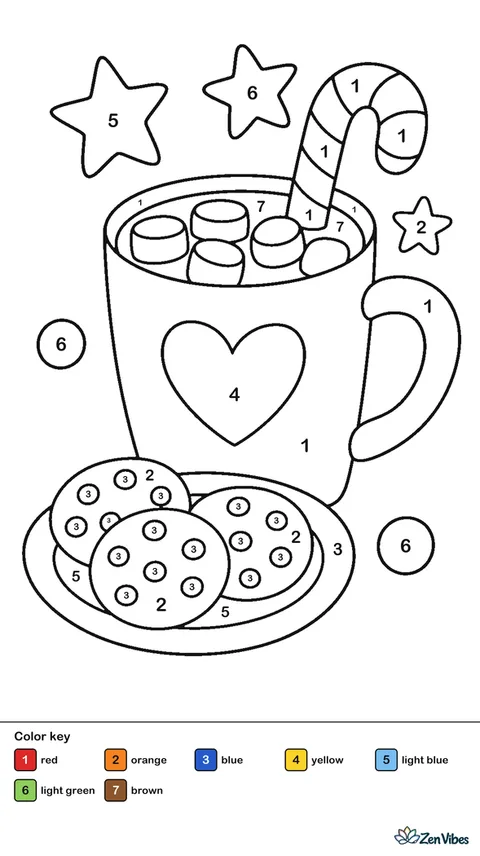 A big mug of cocoa with marshmallows and a candy cane, a plate of cookies beside it