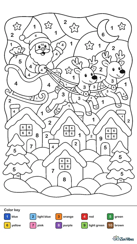 A sleigh pulled by two reindeer flying over snowy rooftops under a moon and stars