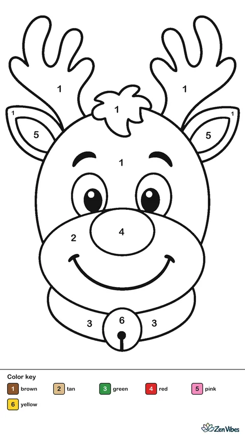 A big friendly reindeer face with antlers and a round nose filling the page
